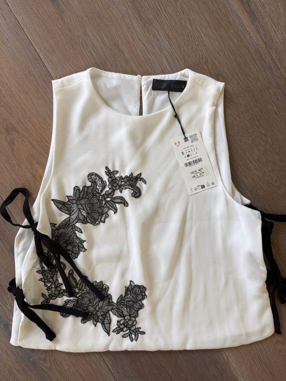 Zara White Tank Top with Black Lace Floral Appliqué